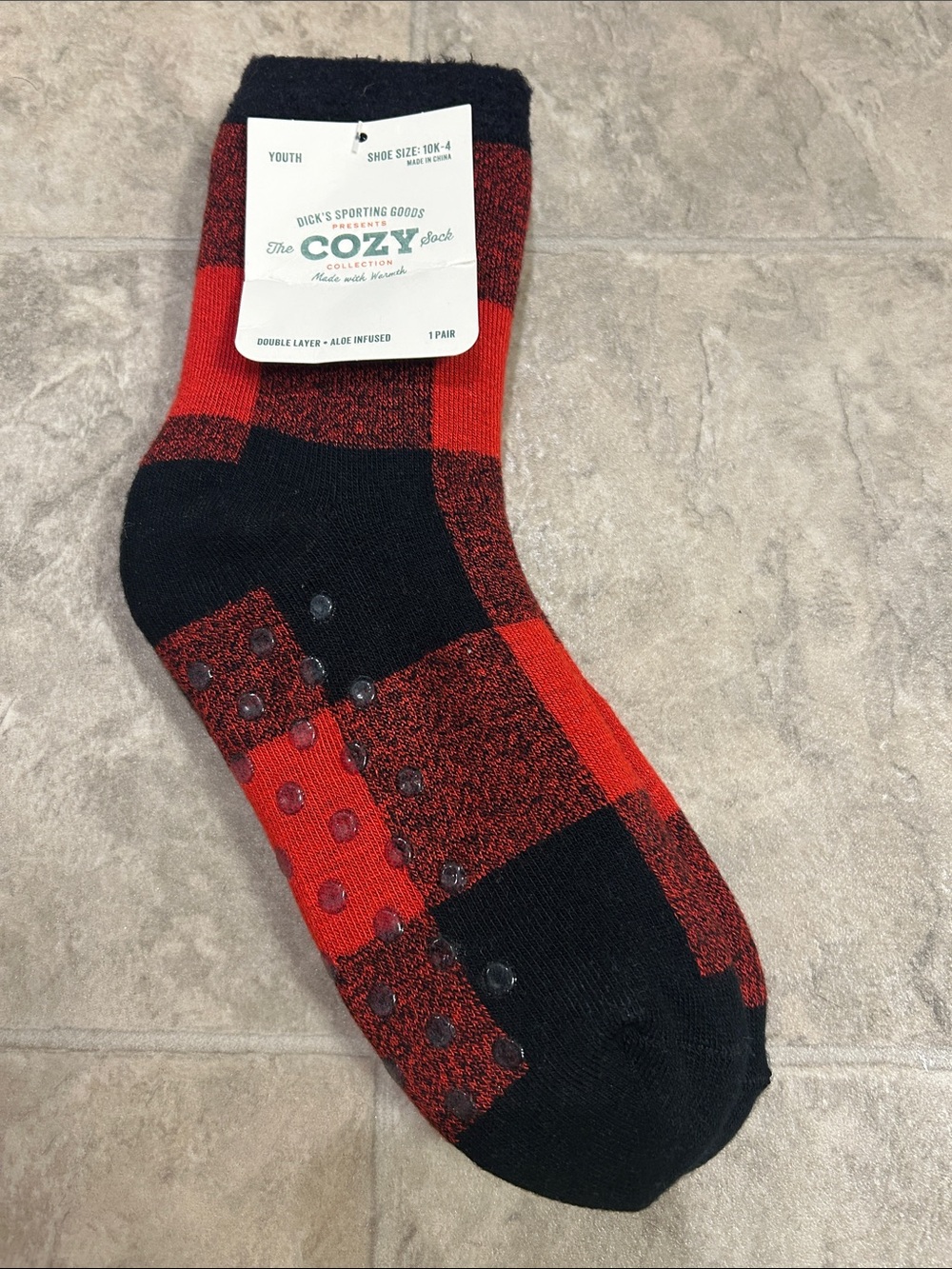 Youth Non-Slip Red/Black Plaid Socks